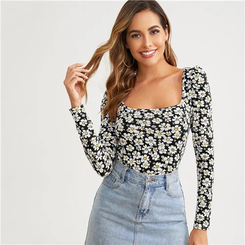 SHEIN, квадратная горловина, Маргаритка, цветочный принт, облегающая футболка, женские топы, осенняя элегантная Офисная Женская футболка с длинными рукавами - Цвет: Multicolor