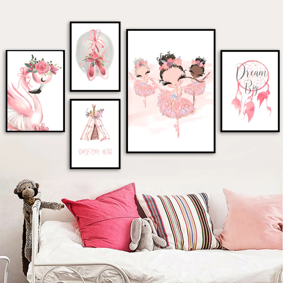 

Nordic Posters And Prints Ballet Girl Flamingo Flower Crown Tent Nursery Wall Artwork Canvas Painting Home Decoration No Frame