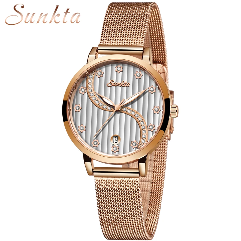Reloj Mujer SUNKTA женские часы Лидирующий бренд Роскошные для девушек с сетчатым