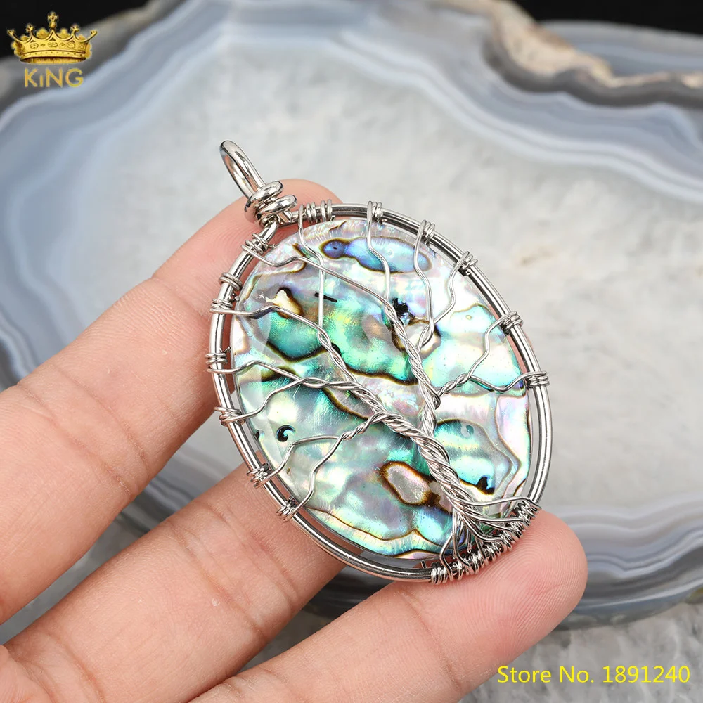 

5pcs Natural Abalone Shell Oval Pendant Findings,Wire Wrap Gold Silvery Copper Tree Of Life Charms For DIY Jewelry Making