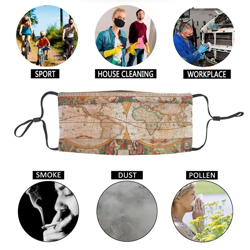 

Vintag World Map Non-Disposable Mouth Face Mask Men Dustproof Mask Protection Cover Respirator Muffle