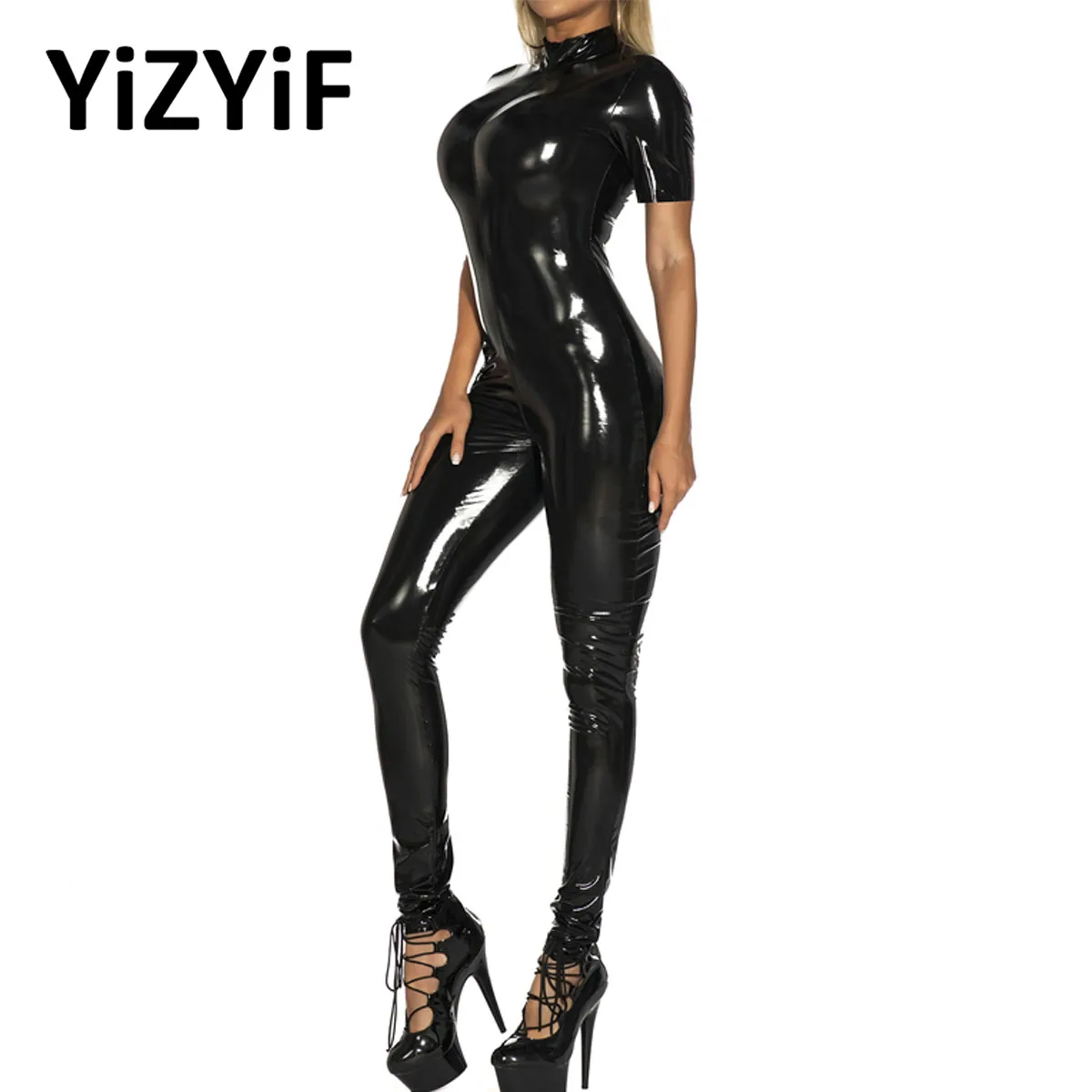 

Sexy Latex Bodystocking Womens Wet Look Patent Leather Leotard Jumpsuit Bodysuit Mock Neck Zipper Catsuit Clubwear Plus Size