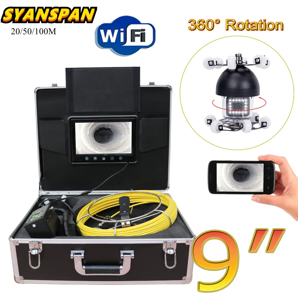 SYANSPAN 9&quot WiFi Pipe Inspection Video Camera Drain Sewer Pipeline Industrial Endoscope support Android/IOS 360 Rotation 20-100M |