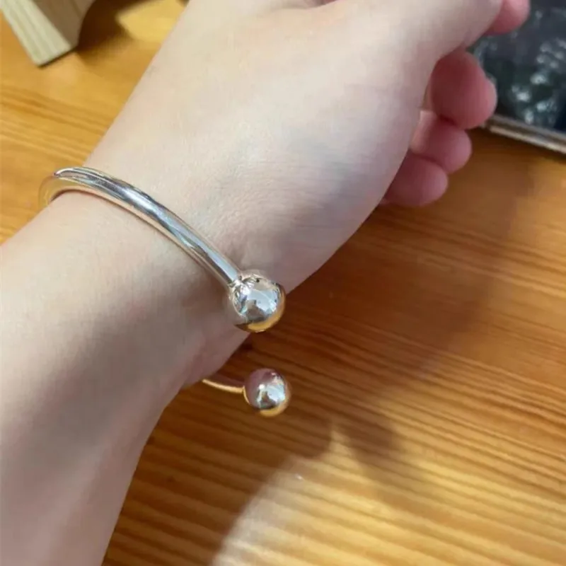 

S925 Sterling Silver Classic Ladies Double Bead Open Bracelet European And American Popular Ladies Holiday Gifts