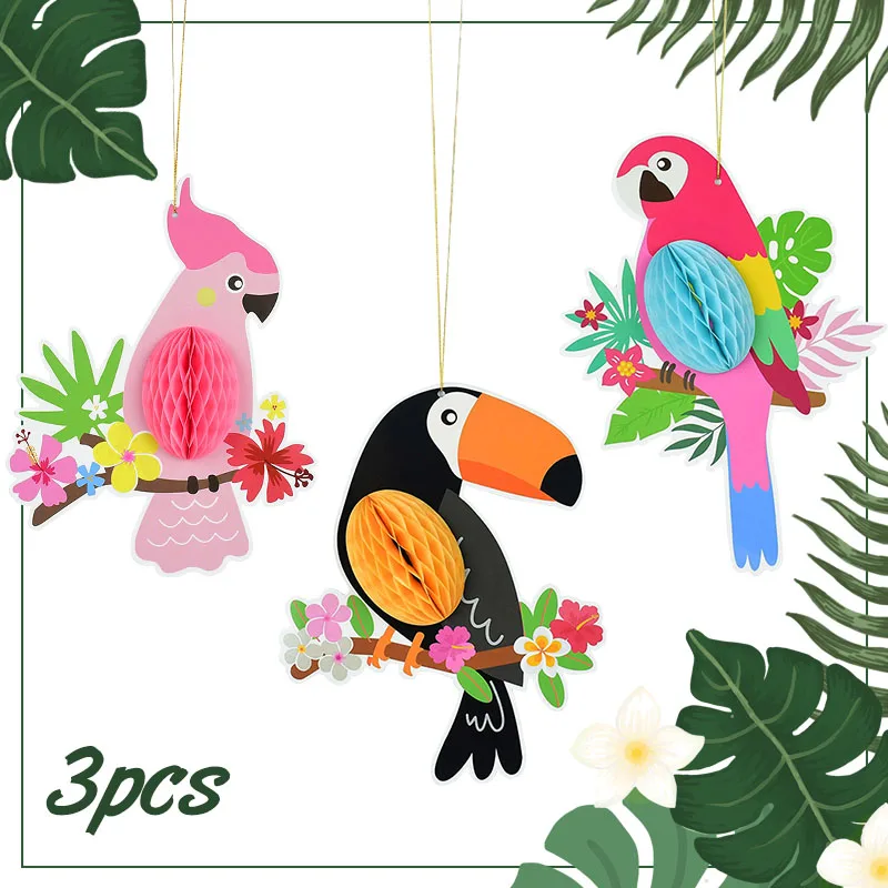 

Hawaiian Hanging Honeycomb Parrots Decoration Tropical Jungle Party 3pcs/set Summer Birthday Decor For Home Flamingo Luau Supply