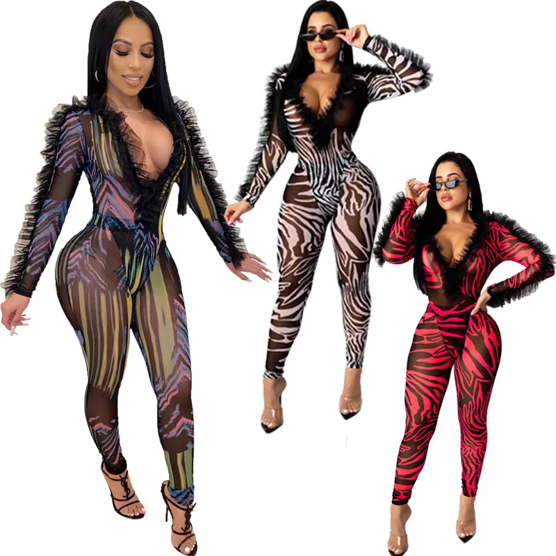 Женский комбинезон с принтом в полоску весенне-зимний глубоким V-образным