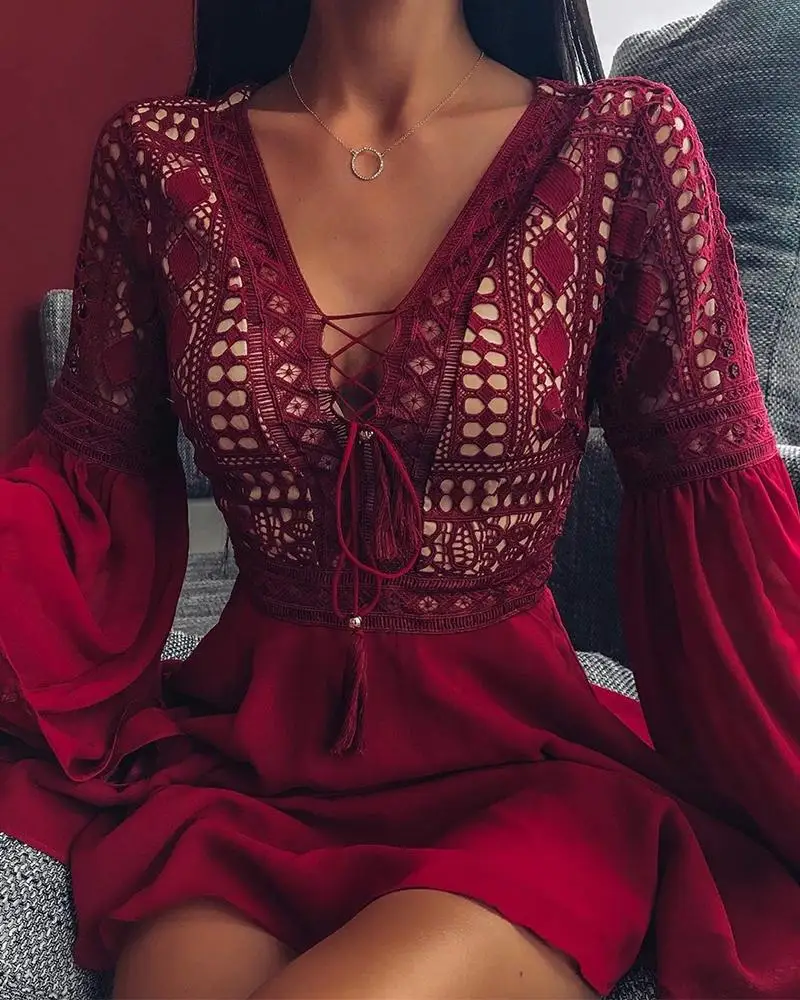 Кружевное мини-платье с кружевной отделкой спереди женское повседневное