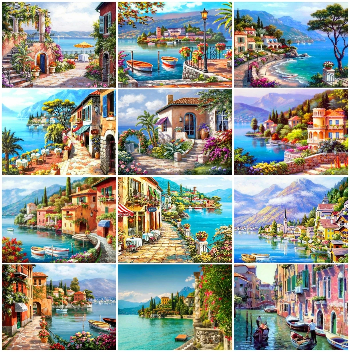 

Алмазная вышивка AZQSD с полным заполнением, мозаика в виде городского города, лодки, ручная работа, алмазная живопись, пейзаж, наборы для выши...