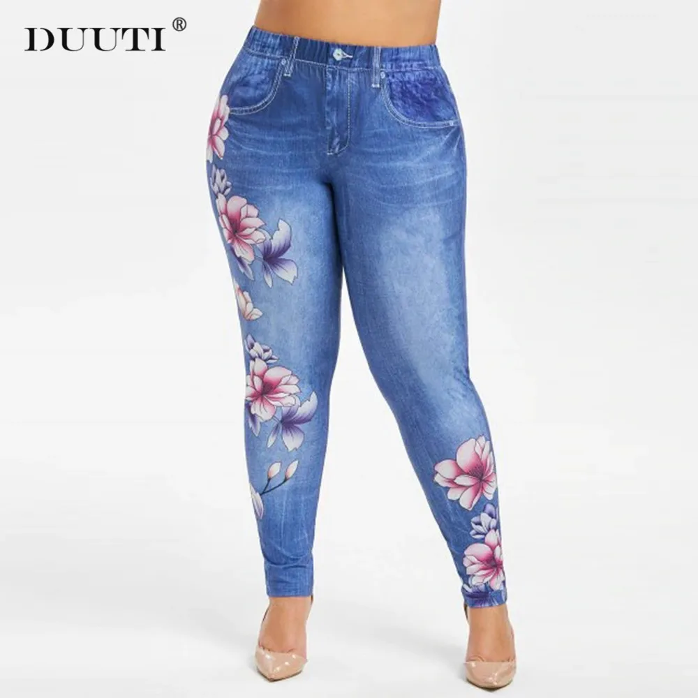 

Imitation Denim Pants Fashion Women Plus Size Flower Print Skinny Jeans Spring Autumn Mid Waist Daily Jeans Pencil Trousers D30