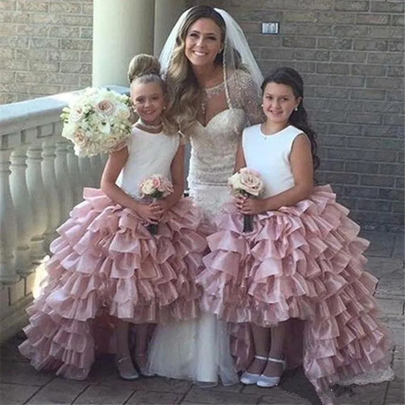

Blush Pink High Low Flower Girls Dresses for Wedding Tiered Organza Girl Ball Gown Pageant First Communion Birthday Party Gowns