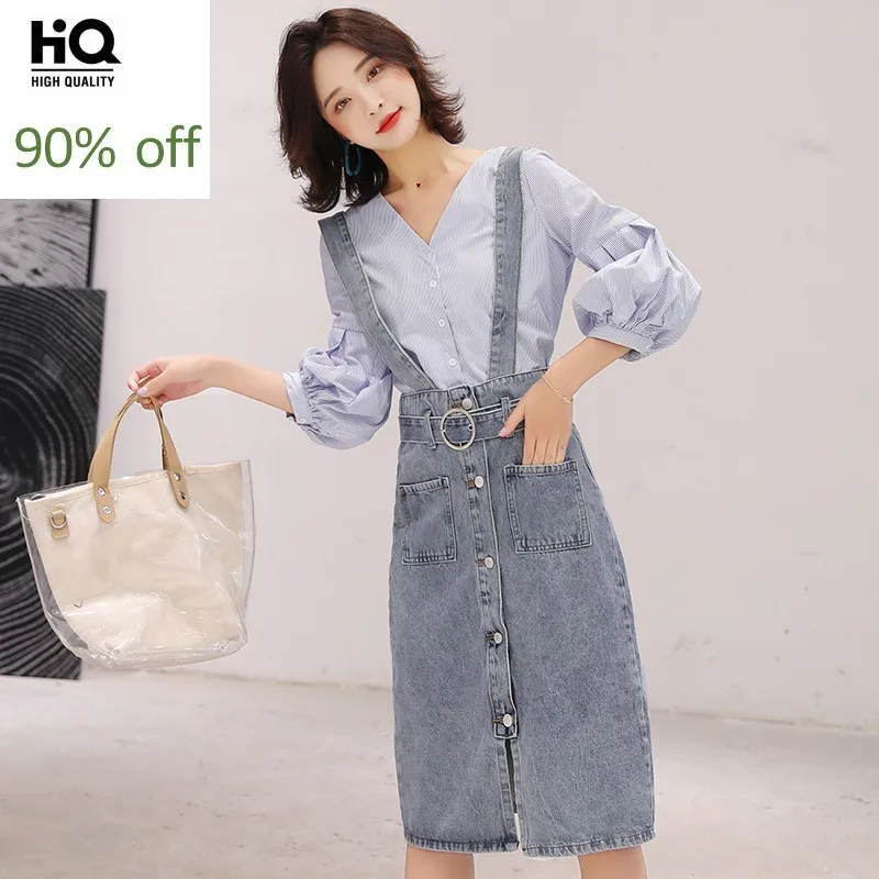 Летние модные корейские женские джинсовые платья без рукавов на бретельках с