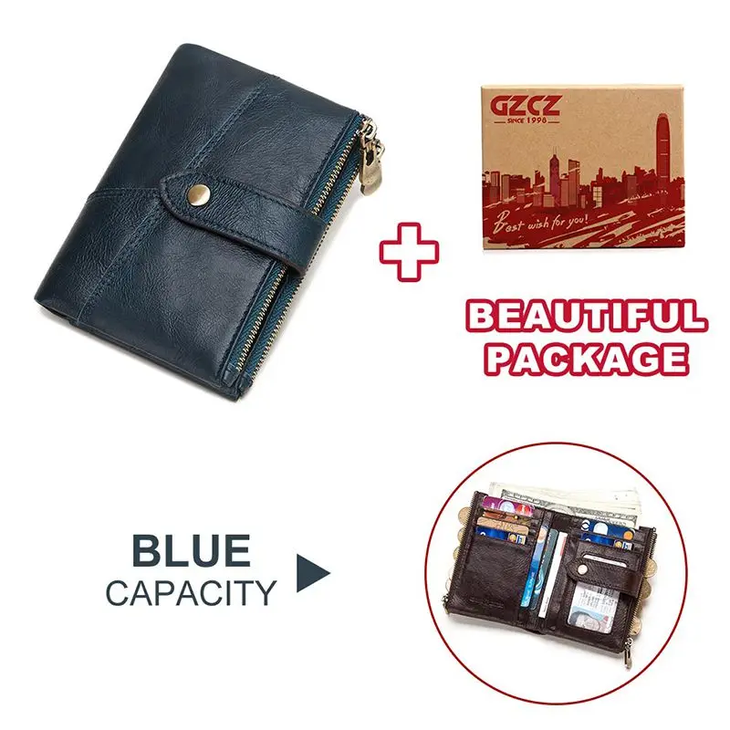 Blue M Box GZCZ RFID кошелек из натуральной кожи для мужчин Crazy Horse кошельки короткий кошелек для монет мужская сумка для денег качественный дизайнерский мини-кошелек - Цвет: Blue M Box