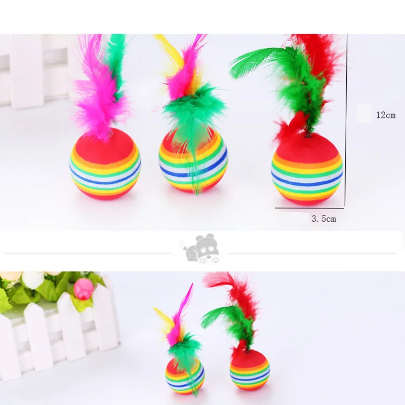 

Pet cat toy rainbow ball with feather EVA colorful toy ball funny cat toy