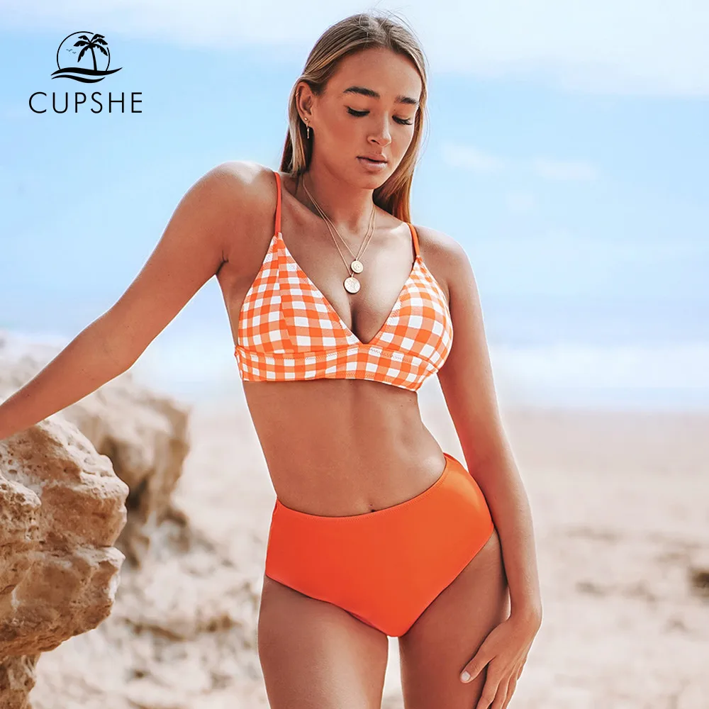 CUPSHE оранжевые в клеточку одноцветные с высокой талией бикини наборы сексуальный