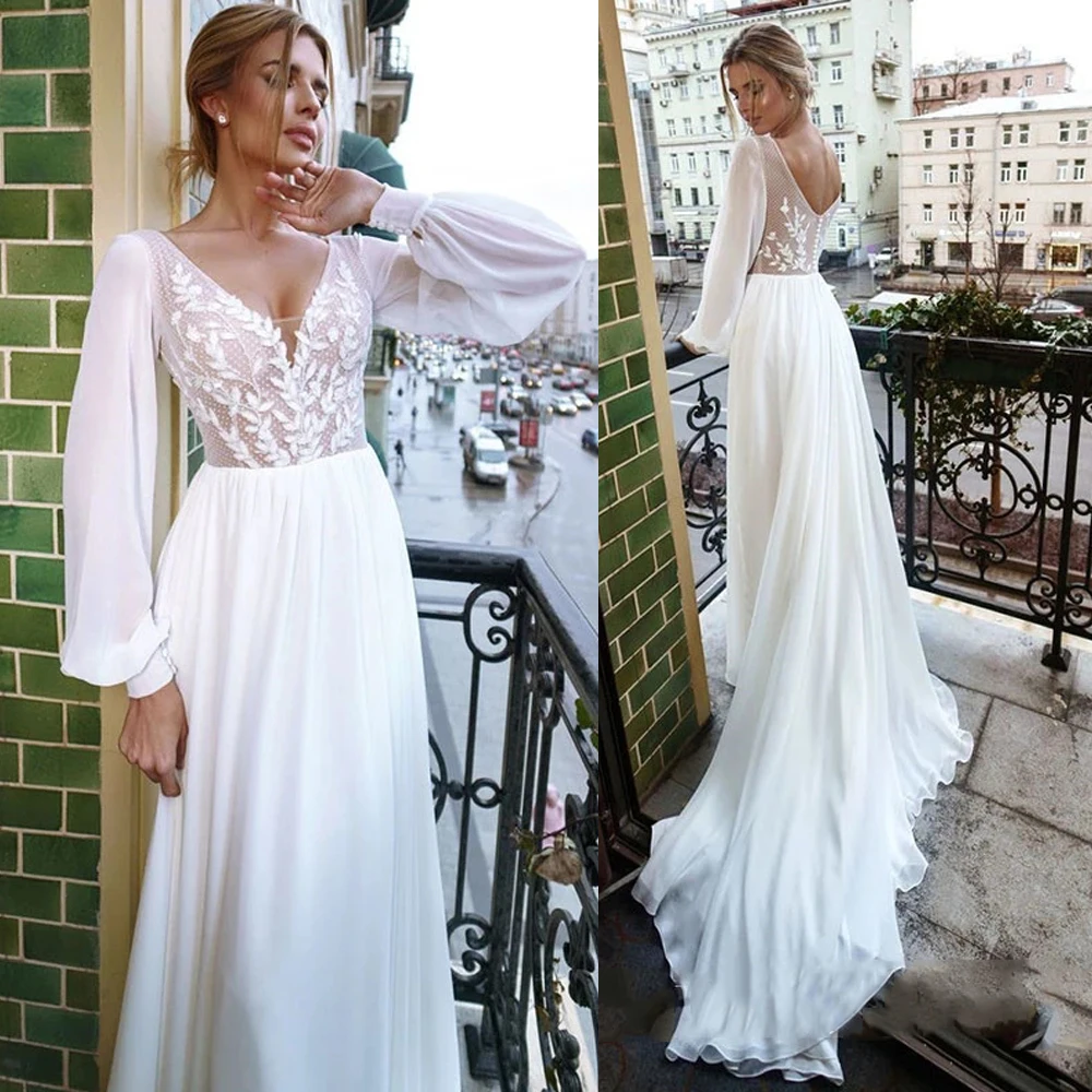 

Cheap Wedding Dresses Chiffon Appliques Lace Pleat V-Neck Full Sleeve Covered Button A-Line Bridal Gowns Novia Do 2021