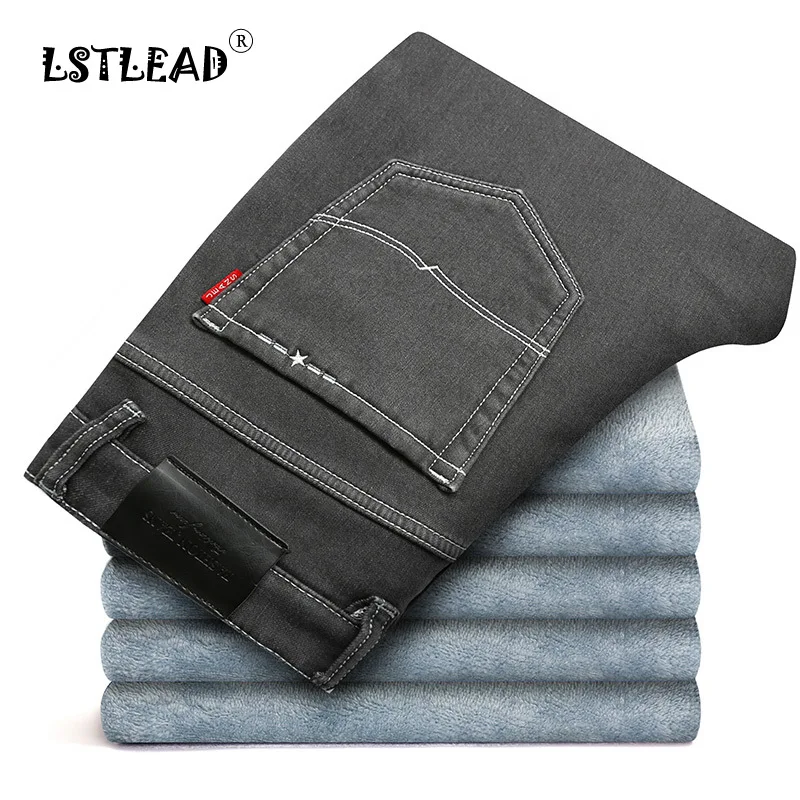 

Fall Winter New Stretch Slim Straight Gray Plus Velvet Jeans Men Jeans Style Fit Type Waist Type Length Pattern Type Wash