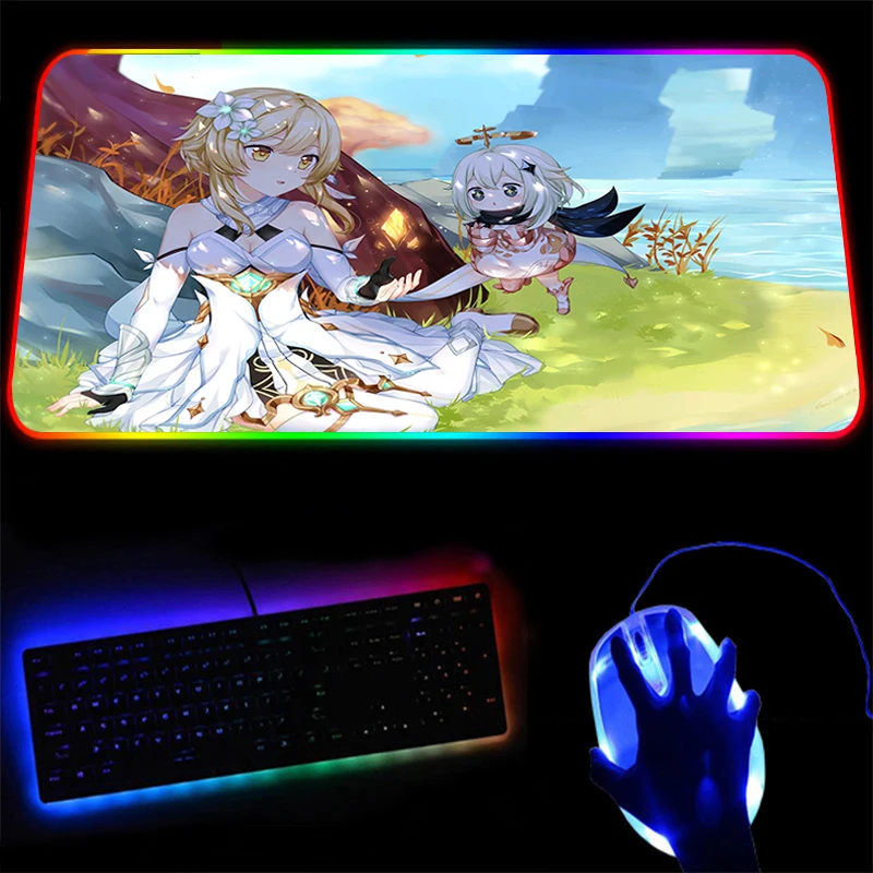 

Genshin impact RGB Mouse Pad HD Pattern Printing Large High-quality Rubber Base Game Desk Mat 800x400mm LED Game XXL