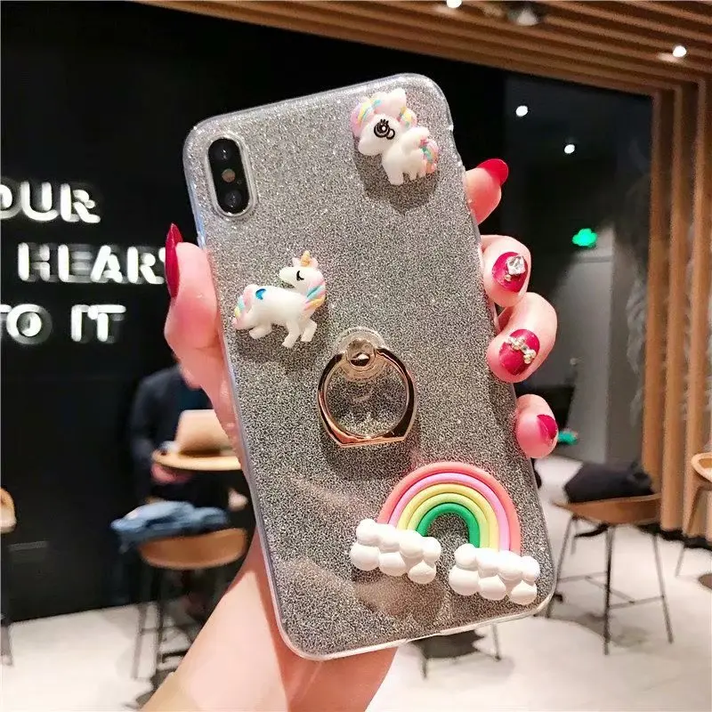 Transparent Glitter Phone Case For iPhone 6 6S 7 8 Plus X XS XR SMAX 3D Unicorn With Ring Stand Anti-knock Soft Back Cover Capa |