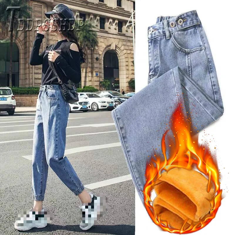 

2019 Lining With Fluff Winter Warm Women Jeans Fashion Slim Daddy Female Denim Pants