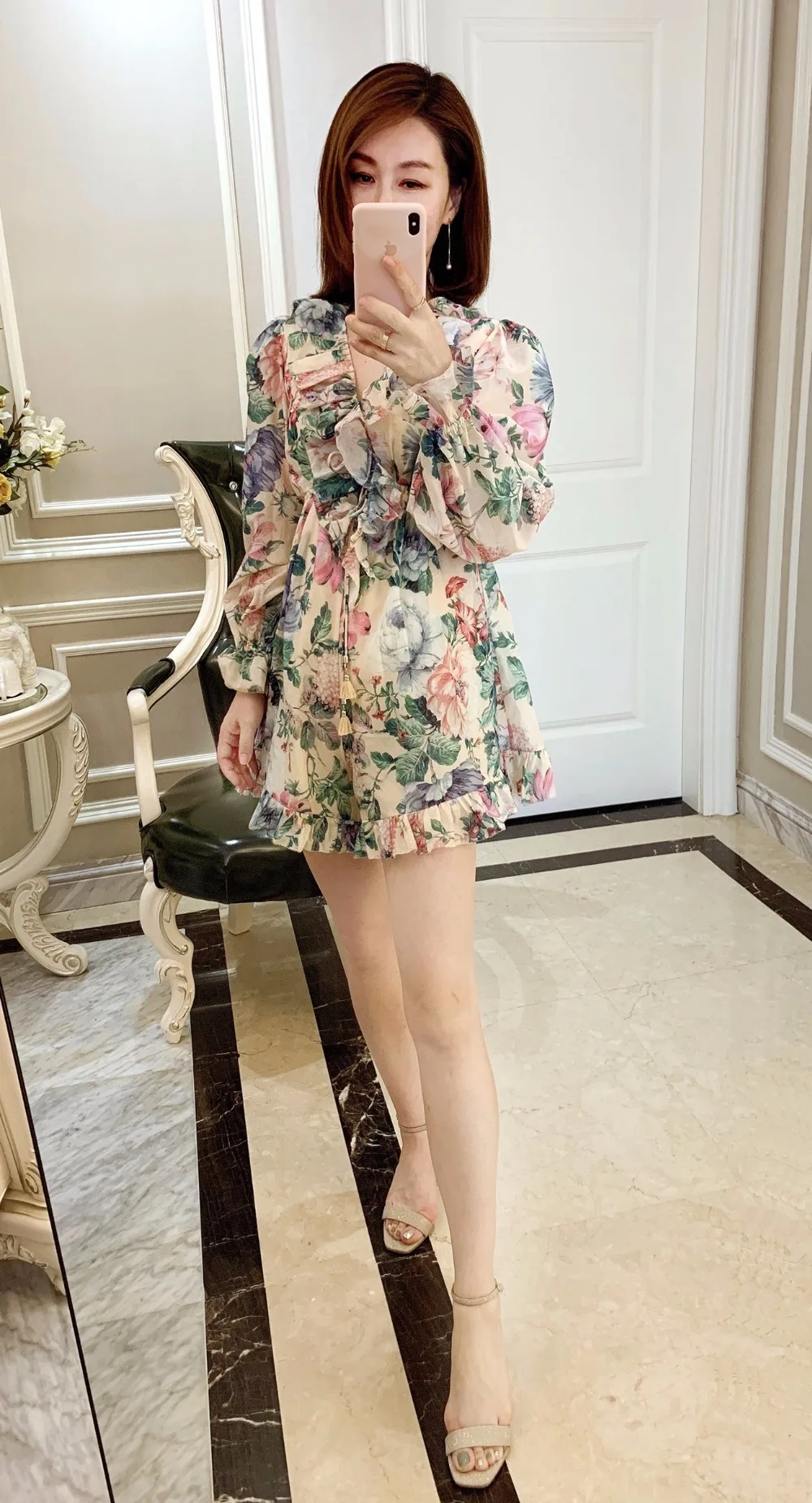 Women's New Summer Linen+ Silk Printing V-neck Long Sleeve Lacing Ruffle Fashion Playsuits
