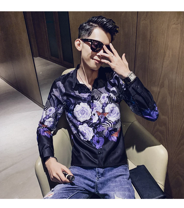 Camisa Masculina цифровой принт мужские рубашки с длинным рукавом Осень мужские рубашки с цветочным узором повседневные приталенные рубашки для ночного клуба homme 3XL