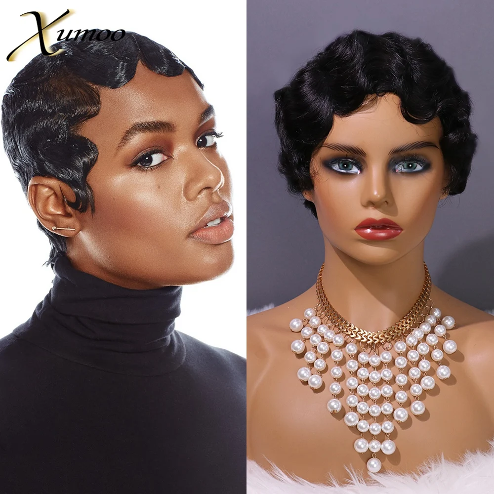 

XUMOO короткий парик вырезанная волна на палец черный коричневый предварительно выщипанный полностью обработанный парик Remy бразильские чело...