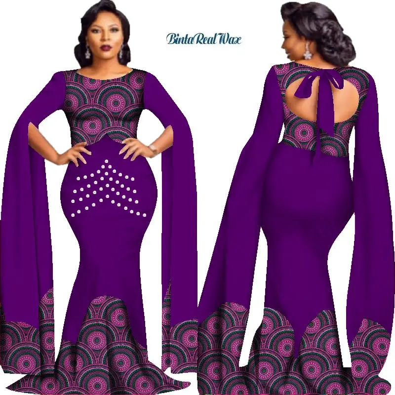 2020 African Print Pearls Dresses for Women Queen-style Vestidos Custom Bazin Long Dress African Clothes Party Dress WY2778
