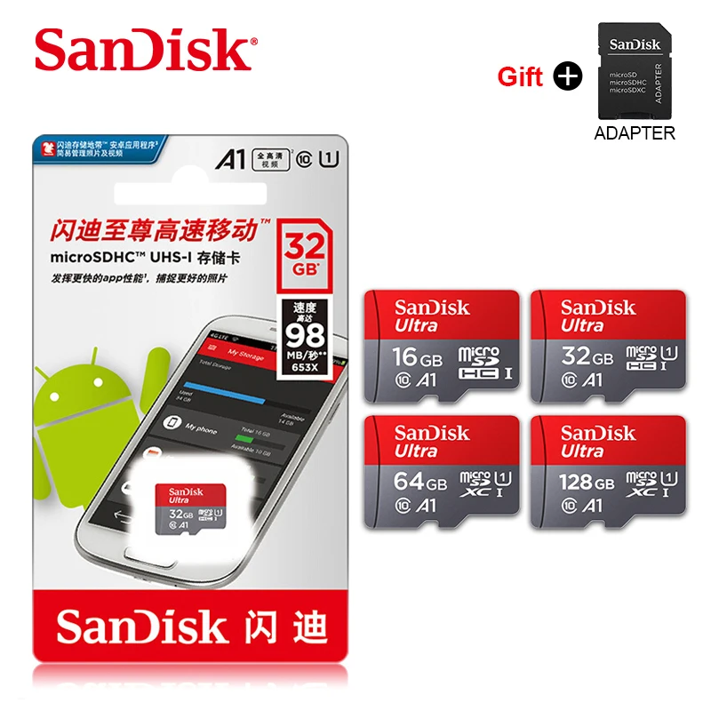 

Original SanDisk Memory card 16GB 32GB 64GB Class10 128GB 256GB 120MB/s UHS-I flash micro SD Card C10 Ultra A1 microSDHC/SDXC