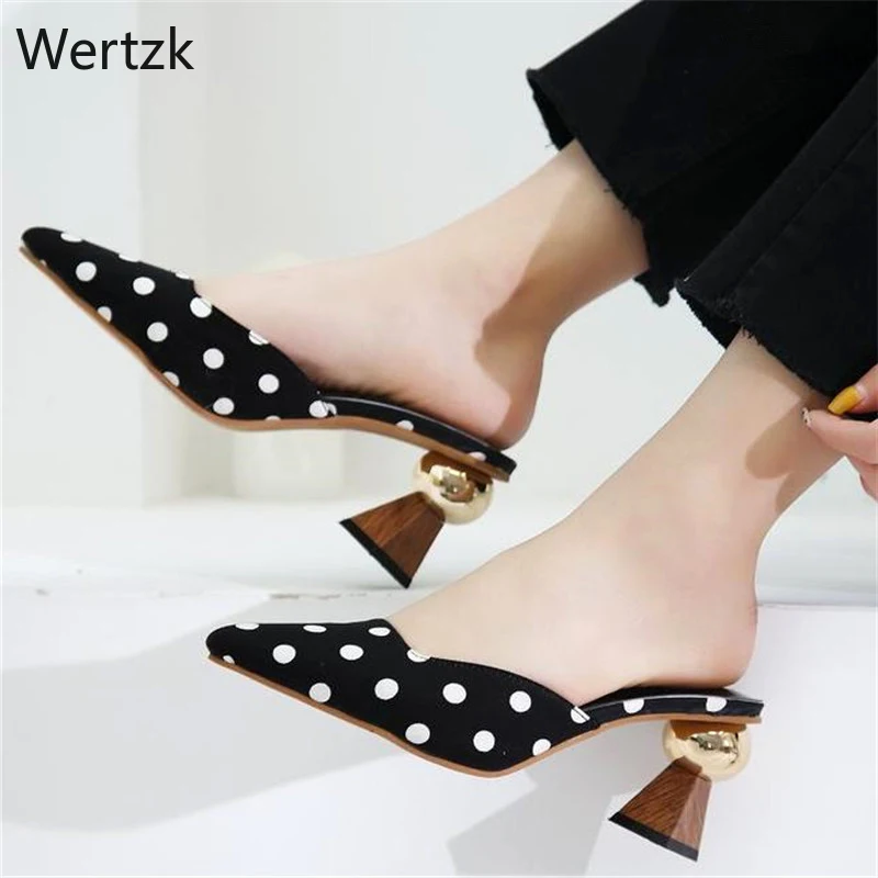 Бренд 2020 Модные мюли в горошек Женские туфли на высоком каблуке шлепанцы с острым
