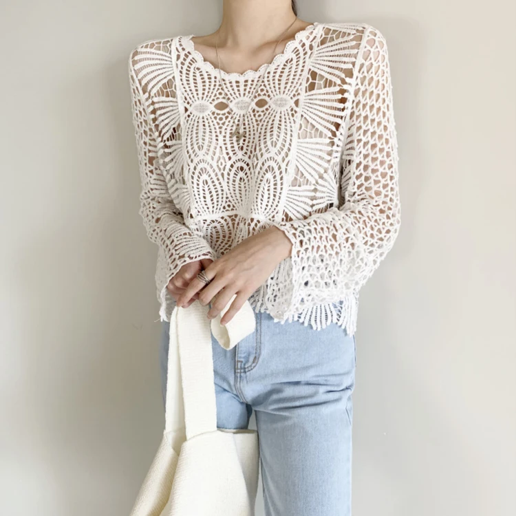 

Korean chic fried chicken gentle round neck heavy lace crochet hollow design sense versatile long-sleeved sunscreen shirt women