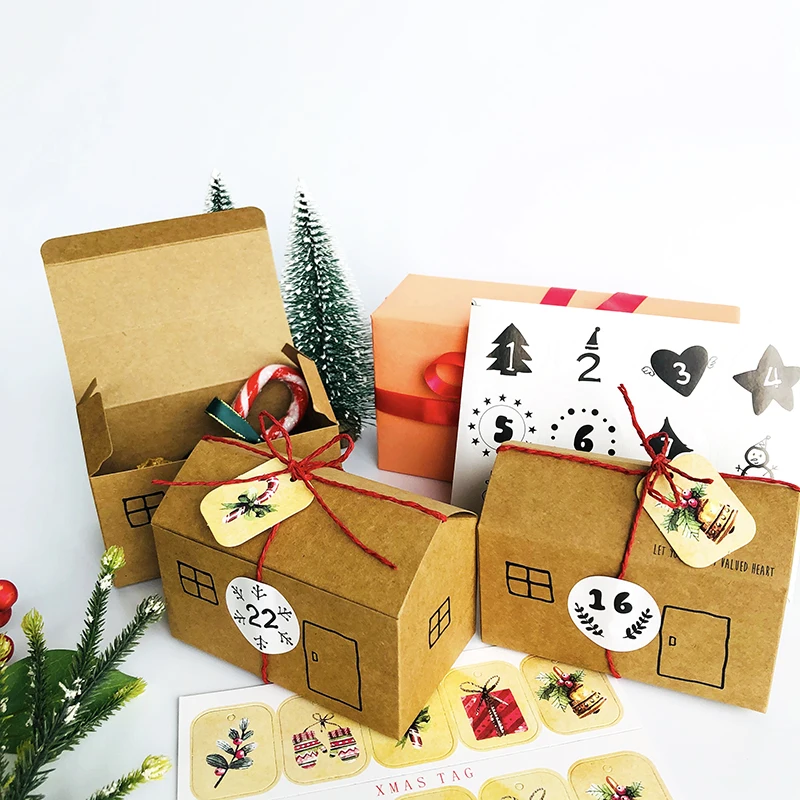 

24sets Christmas Advent Calendar Kraft Box Ginger House Shape Desser Treat Gift Box Set Merry Xmas Decoration Counting Down Box