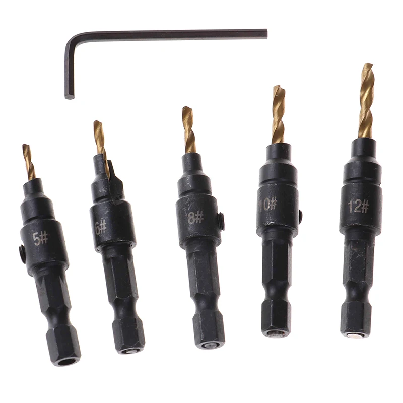 

5pcs Countersink Drill Woodworking Drill Bit Set Drilling Pilot Holes For Screw Sizes #5 #6 #8 #10 #12