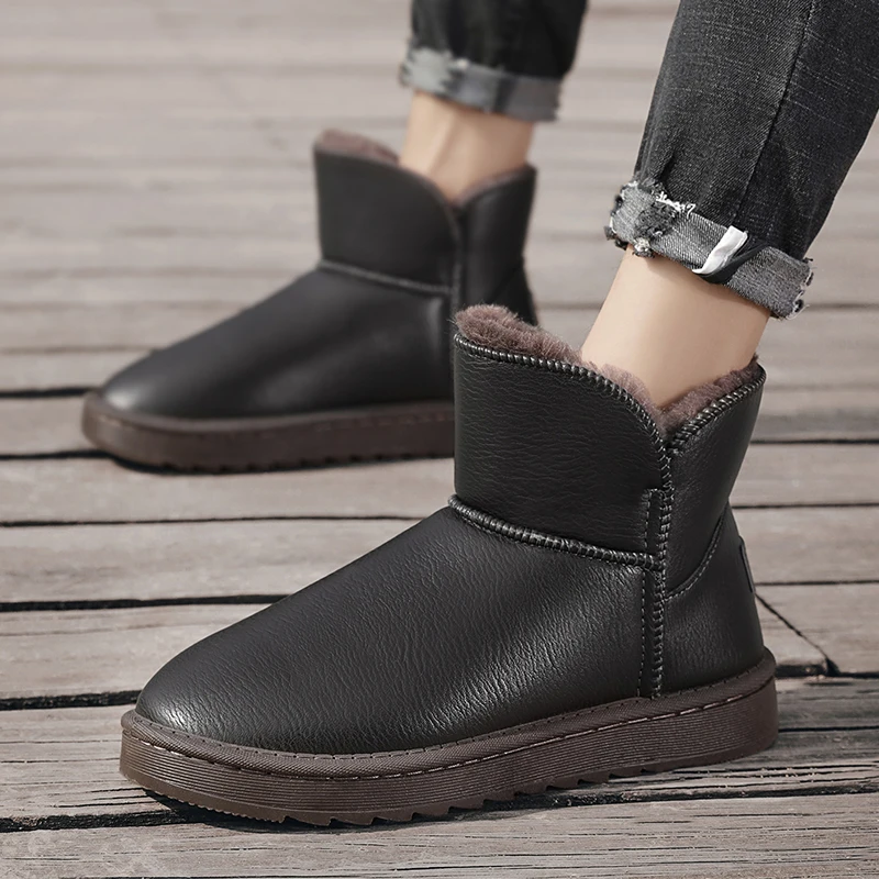 

Новинка 2021, зимние ботинки для пар из искусственной кожи с бархатной подкладкой, водонепроницаемые ботинки средней длины, утепленные теплы...