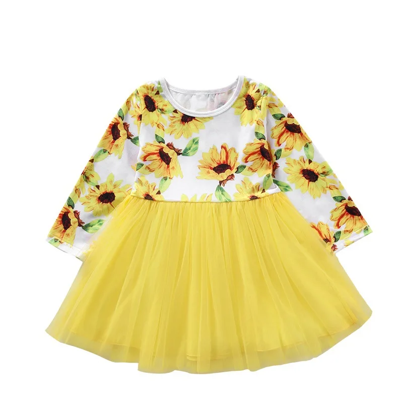 

2021 Spring Style Toddler Dress Girl Party Dress Long Sleeve O-neck Sunflower Mesh Dress Birthday Party Dress For 1-8yrs Girl