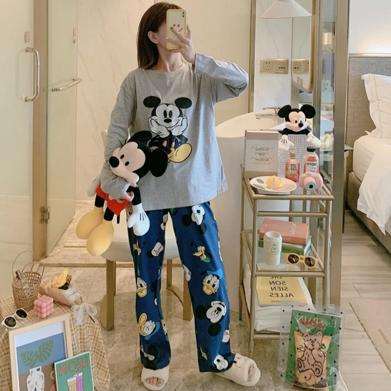 Disney Pajamas Set for Women Mickey Mouse Two Piece Fall Sleepwear Pants Long Sleeved Plus Size Loungewear Casual Soft Nightwear