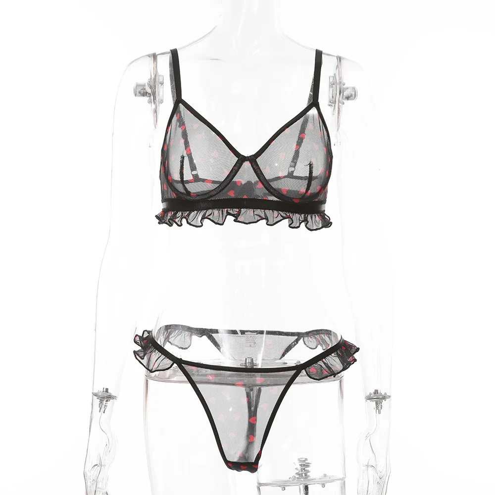 

2021 Sexy Women's Lingeries Sets Net Yarn Mesh Love Printing Sheer See Through Bodycon Female Intimates Lace Underwear Suit