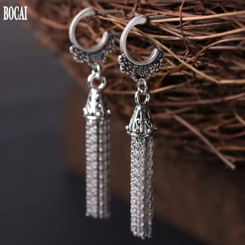 

2020 new 100% real S925 pure silver fashion woman earrings handmade silver ethnic style lace retro tassel earrings for women