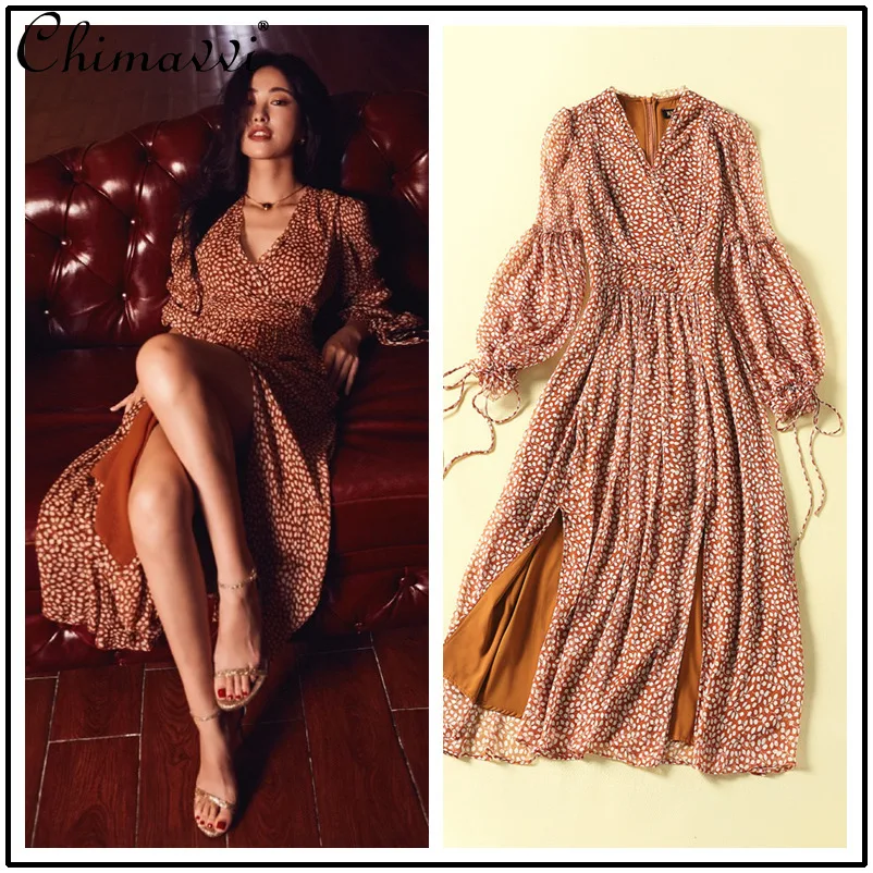 

Temperament V-neck Long Sleeve Dress Sexy High Waist Slimming Floral Print Dress 2021 Fashionable with Side-Slit Dress for Women