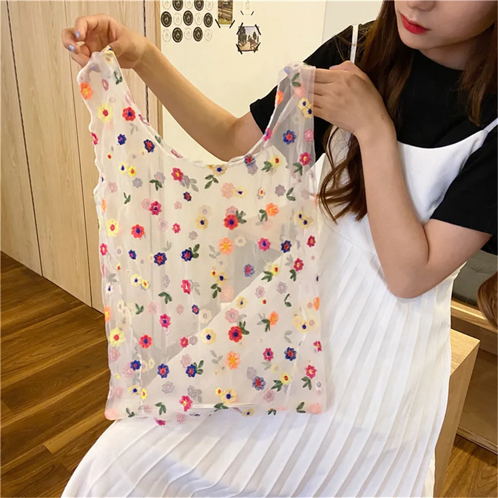 1pc Women Transparent Foldable Mesh Cloth Daisy Embroidery Handbag Multicolored Flower Tulle Fruit Bag Purse Shopping Bag Tote