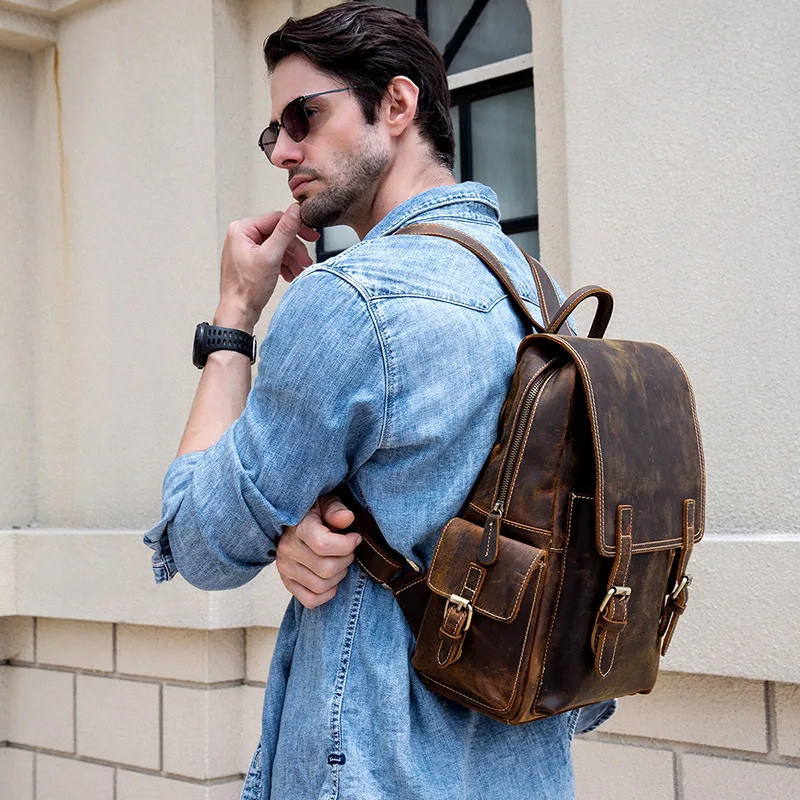 Luxury leather men's retro backpack men and women backpack student school bag travel bag cowhide backpack