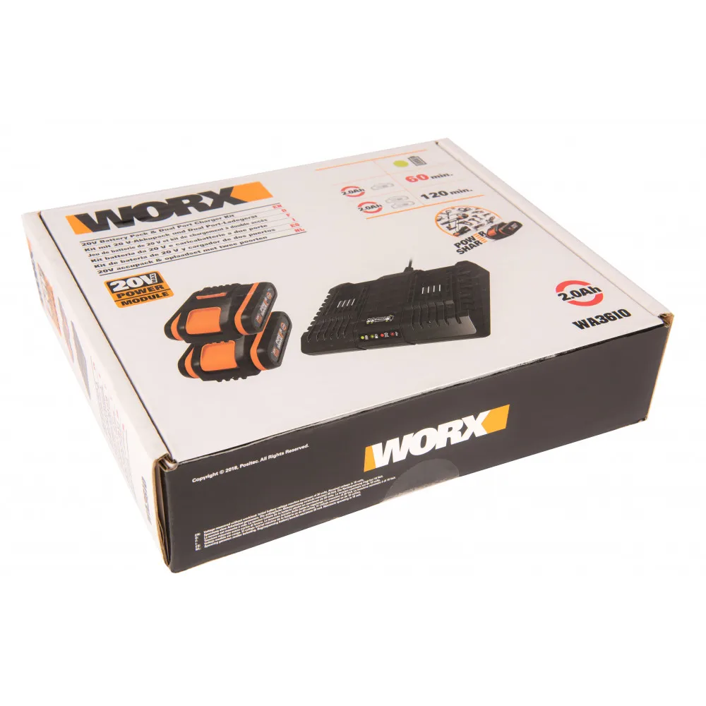 Комплект WORX WA3610: Двойное зарядное устройство WA3869 2*1A 20В 2 Аккумулятора WA3553 4А*ч