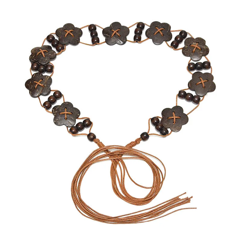 

Vintage Handmade Knitted Wax Rope Wood Flower Long Chain Belt Bohemian Style Woman Beads Belts Shell Decoratation