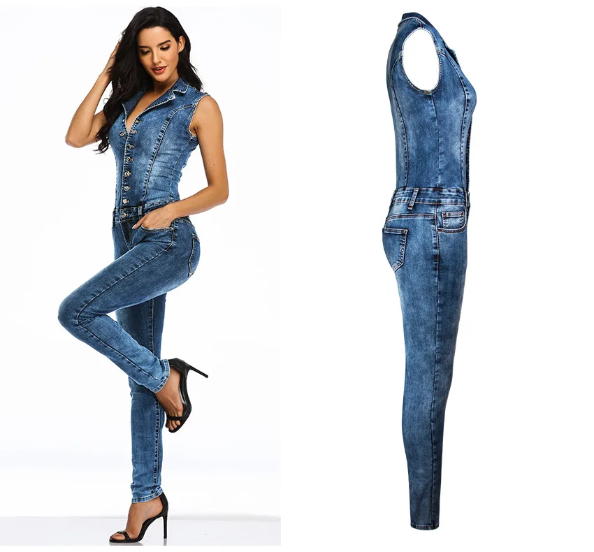 Женский Облегающий комбинезон без рукавов длинные джинсовые брюки с глубоким