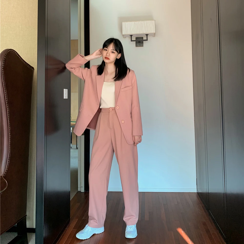 Модный женский брючный костюм с зубчатым блейзером куртка и брюки высокой талией