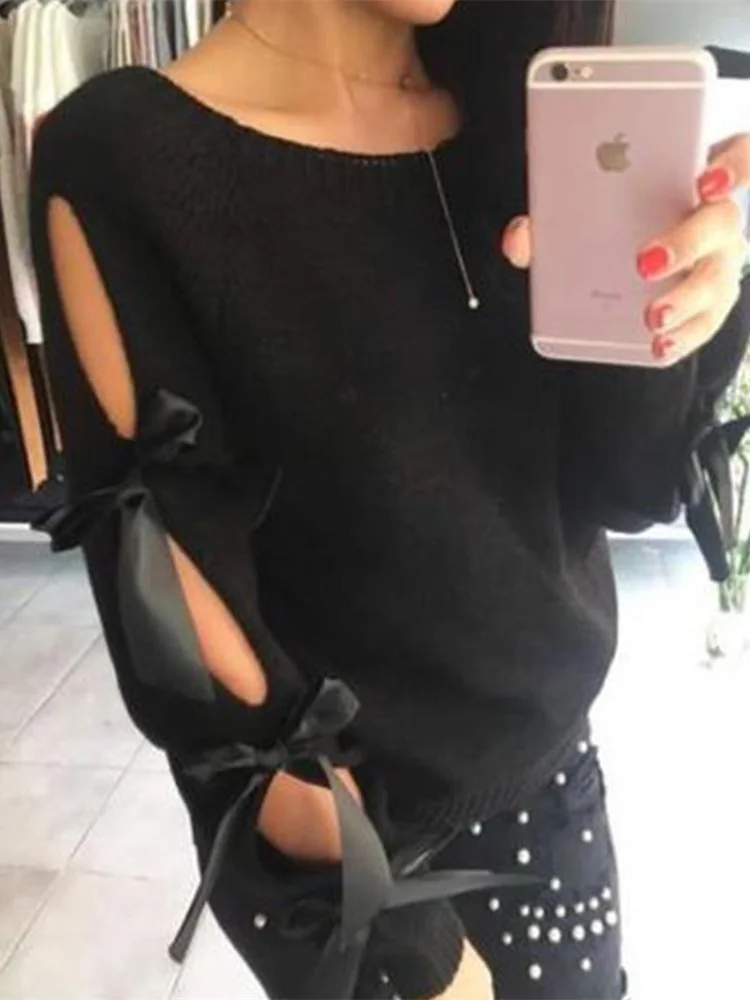 

Women Elegant Plus Size Lace-up Sweaters Ladies Leisure 2XL Crew Neck Tie-Up Sleeve Sweater