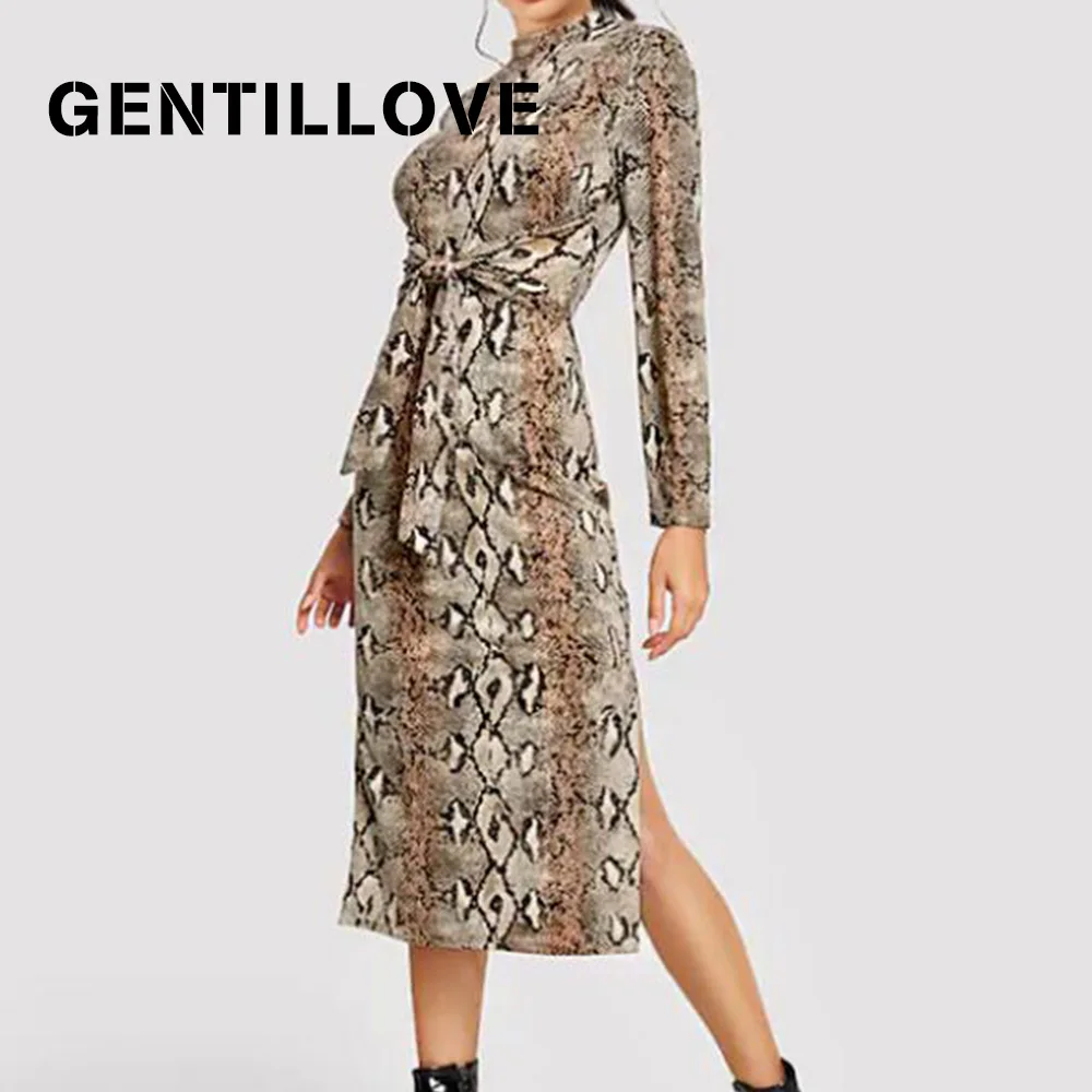

Gentillove пикантное облегающее платье с принтом змеиной кожи на весну с длинным рукавом винтажное облегающее длинное платье с животными элеган...