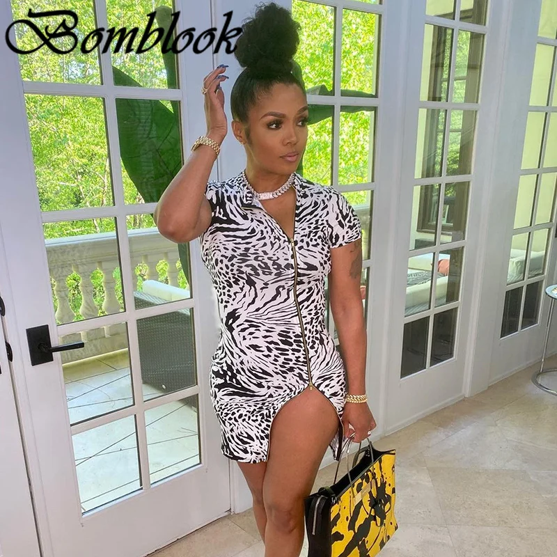

Bomblook Sexy Party Club Bodycon Dresses For Women's 2021 Summer Clothing Slim Short Sleeve Zipper Mixi Dress Female Streetwears