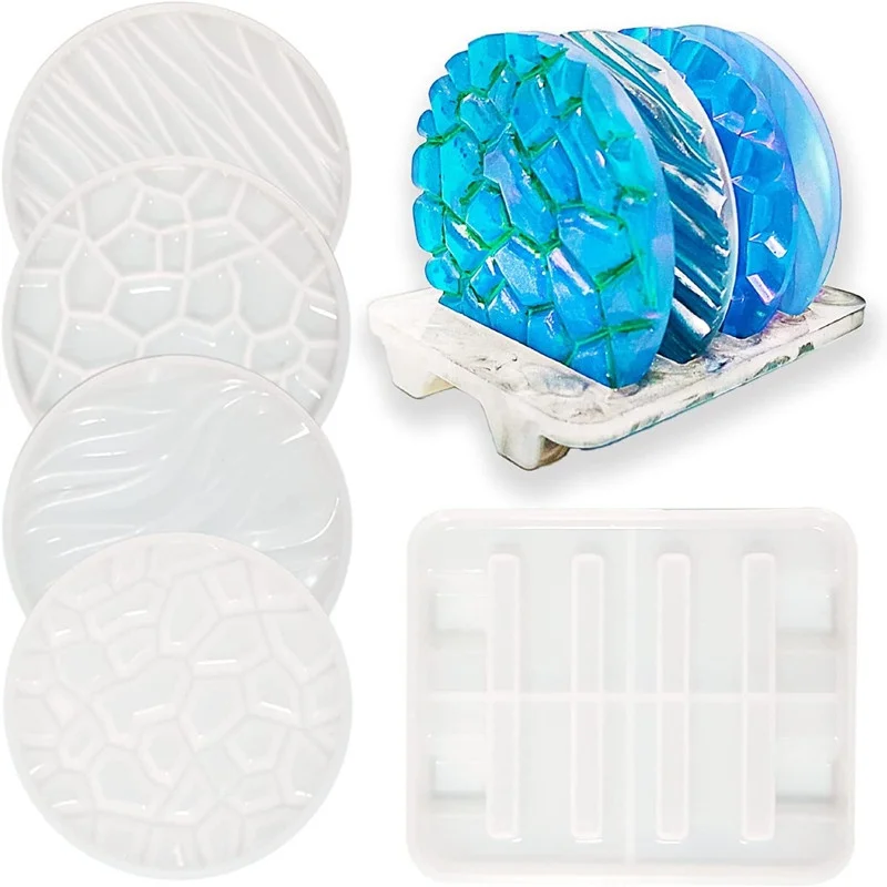 

Coaster Molds Kit 4 Pcs Silicone Resin Coaster Mold with 1 Coaster Stand Storage Mold Silicone Coaster Holder Mold