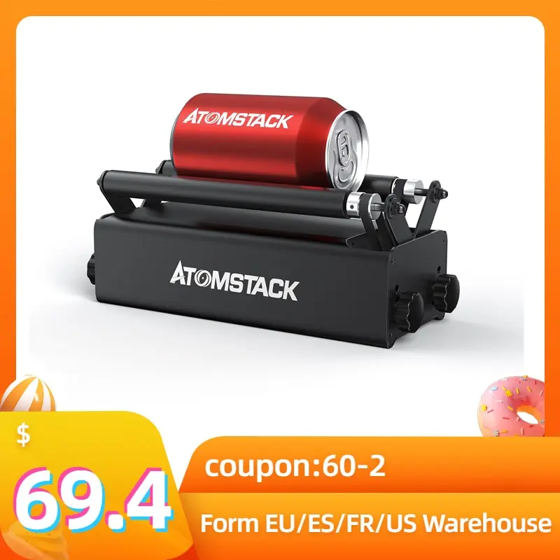 

ATOMSTACK R3 Roller Parts for Cylindrical Objects with 360° Rotating Engraving Axis 8 Angle Adjustments Engraving Diameter 4MM