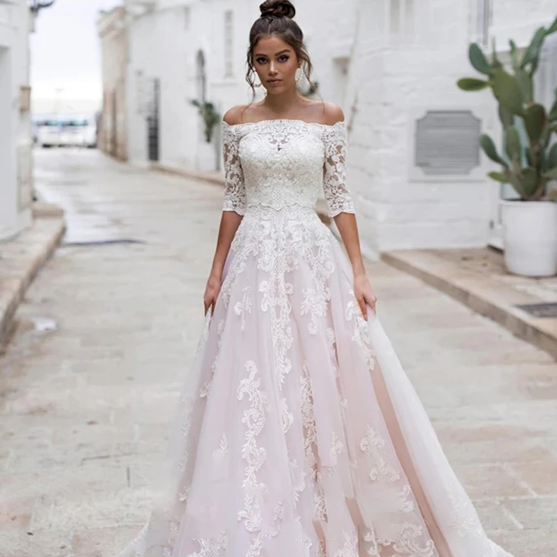 Lace wedding dress one shoulder long sleeve  retro beautiful bridal dresses 3d flower embroidery big skirt